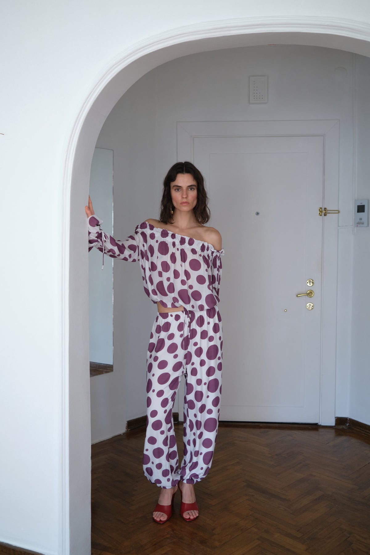 Off Shoulder Blouse Purple Dot
